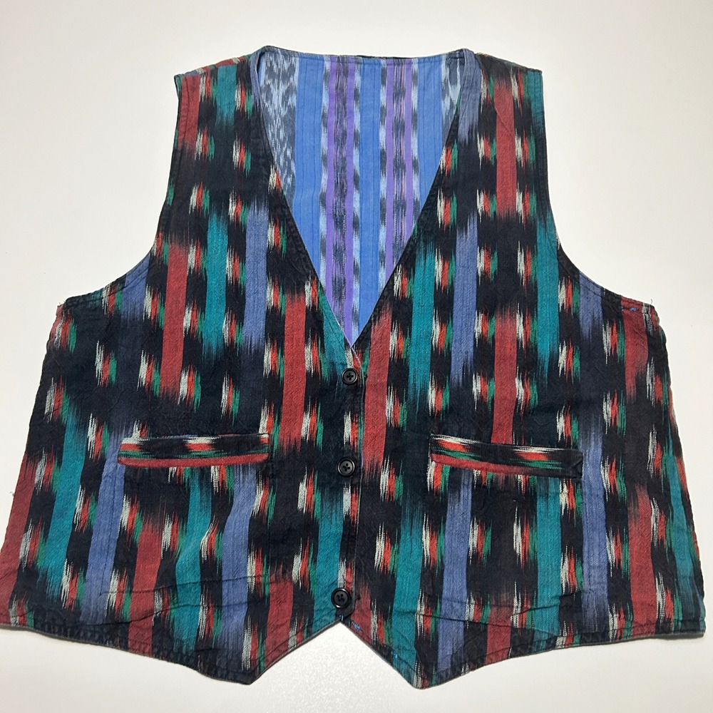 Vintage Reversible Ikat Vest Mens Blue Red Teal Woven Boho Sleeveless Waistcoat